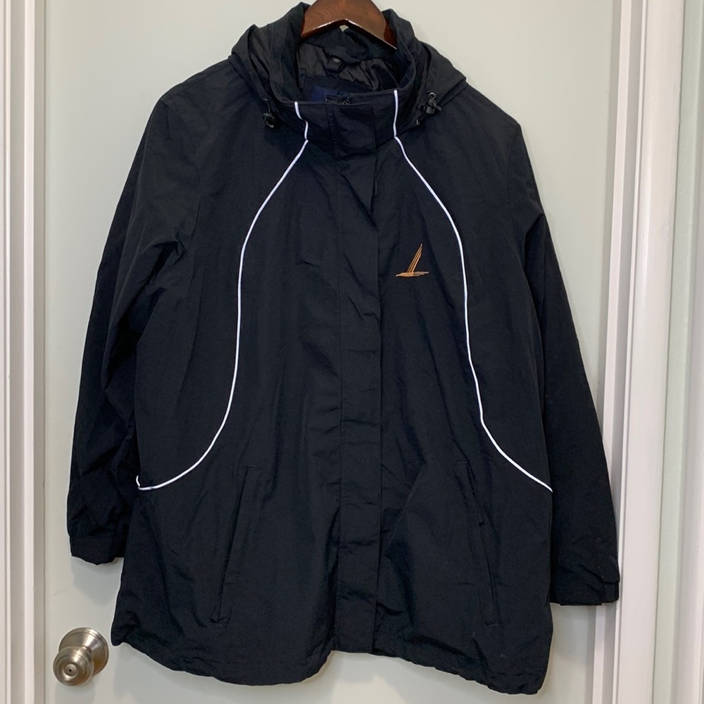 Lands End Outfitters black rain coat shell only mens 2XL reflective deta…